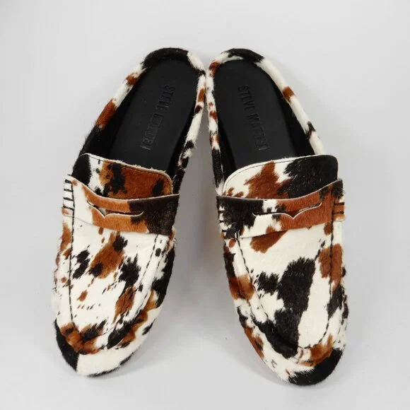 Steve Madden Rafe Penny Loafer MULES Slip On Size 6.5 Brown Cow Calf Hair EUC - Picture 16 of 16